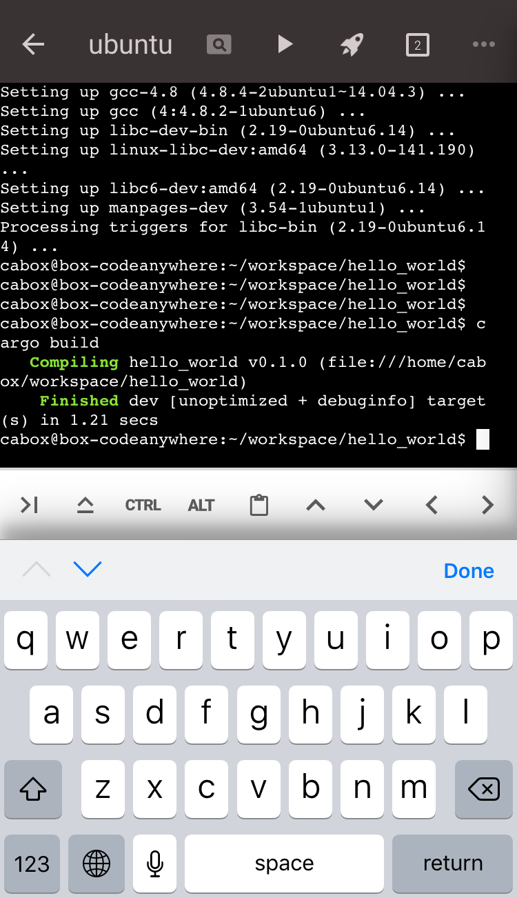 gcc導入後にcargo buildが成功しhello_worldのコンパイル完了を示すiOSターミナル画面