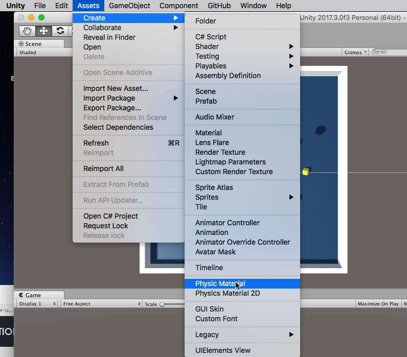 UnityのAssetsメニューでCreateからPhysic Materialを選択して物理特性マテリアルを追加する操作