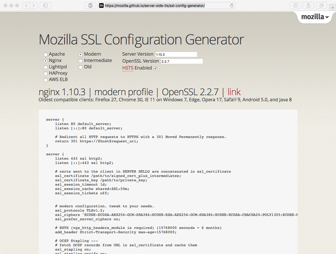 Mozilla SSL Configuration Generator画面、Nginx・Modernを選択しHTTPSリダイレクト設定を生成した例