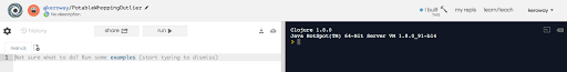 repl.itのオンライン実行画面、右側にClojure 1.8.0のREPLが起動した状態