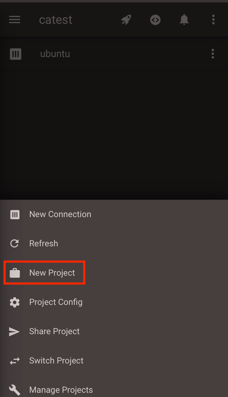Codeanywhereアプリのメニューで「New Project」が赤枠で強調表示