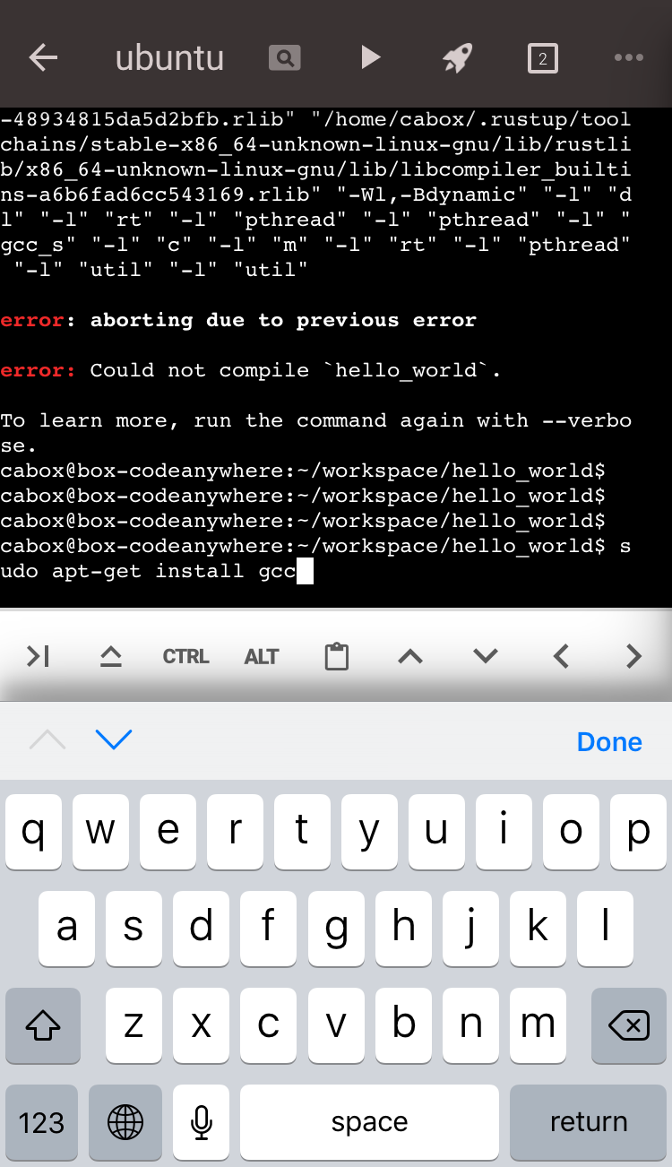 CodeanywhereのiOSターミナル。hello_worldのコンパイルエラー後にsudo apt-get install gccを入力