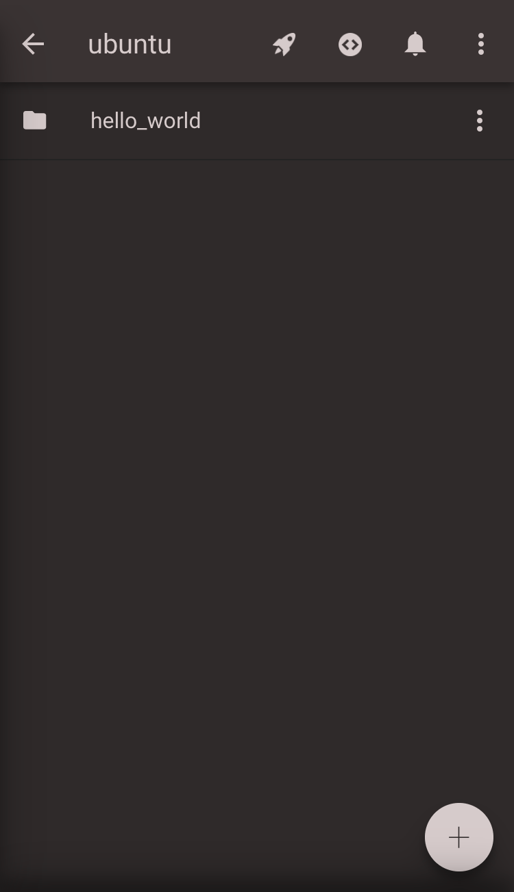 Codeanywhereアプリのubuntuワークスペースにhello_worldフォルダが表示された編集画面