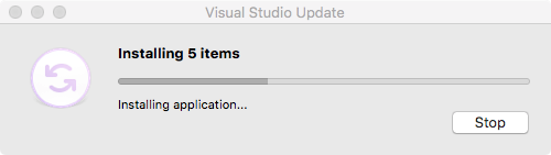 Visual Studioの更新ダイアログ。5項目をインストール中で進捗バーが表示されている