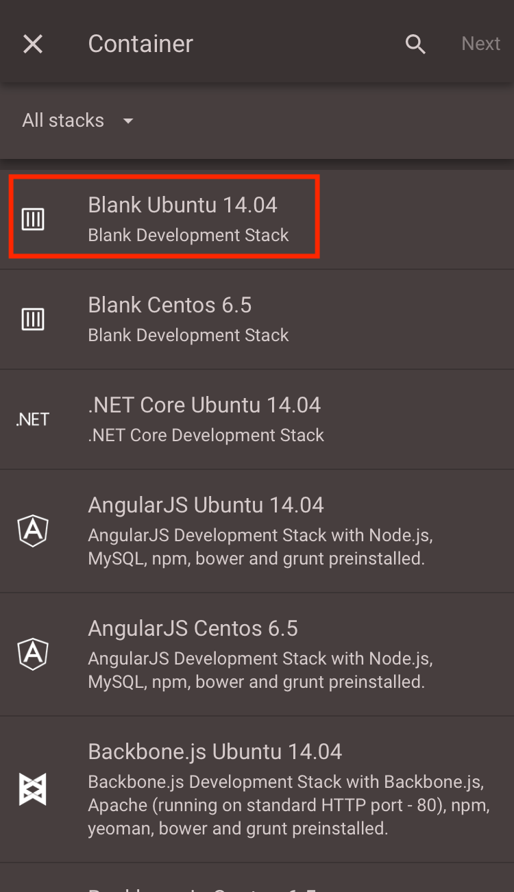 Codeanywhereのコンテナ作成画面。スタック一覧からBlank Ubuntu 14.04を赤枠で選択