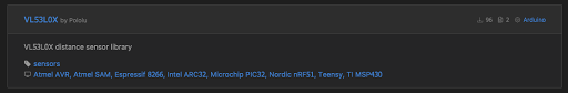 PlatformIOのライブラリ検索画面。Pololu製VL53L0X距離センサーライブラリの登録情報を表示