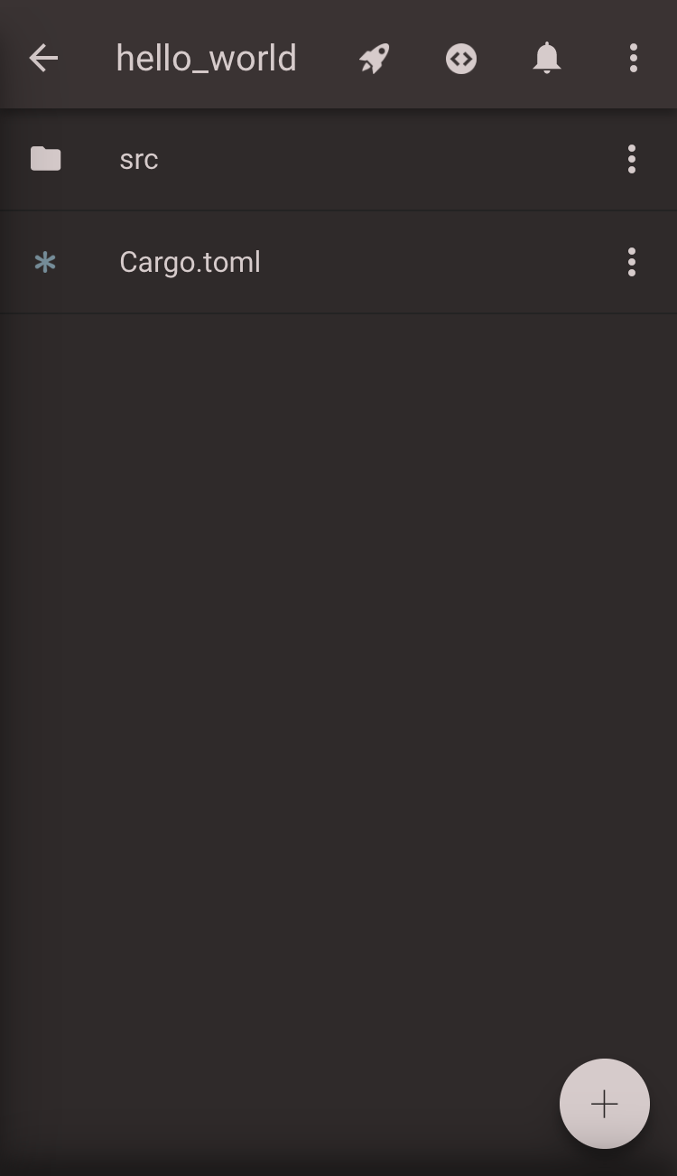 Codeanywhereアプリのhello_worldプロジェクト画面。srcフォルダとCargo.tomlが並ぶファイル一覧