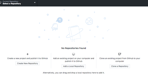 GitHub Desktopの初期画面。リポジトリ未検出で新規作成・ローカル追加・クローンの3択を表示