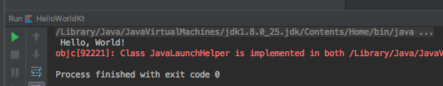 IntelliJの実行コンソール。Hello, World!が出力され、終了コード0で正常終了